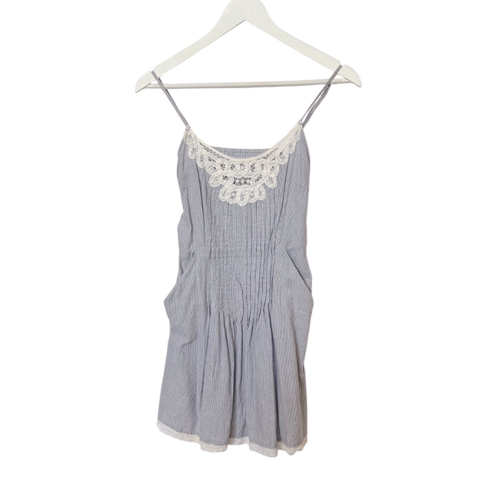 Kimchi Blue Fit & Flare 100% Cotton PinStriped Mini Dress Ivory Lace pocket Sz M